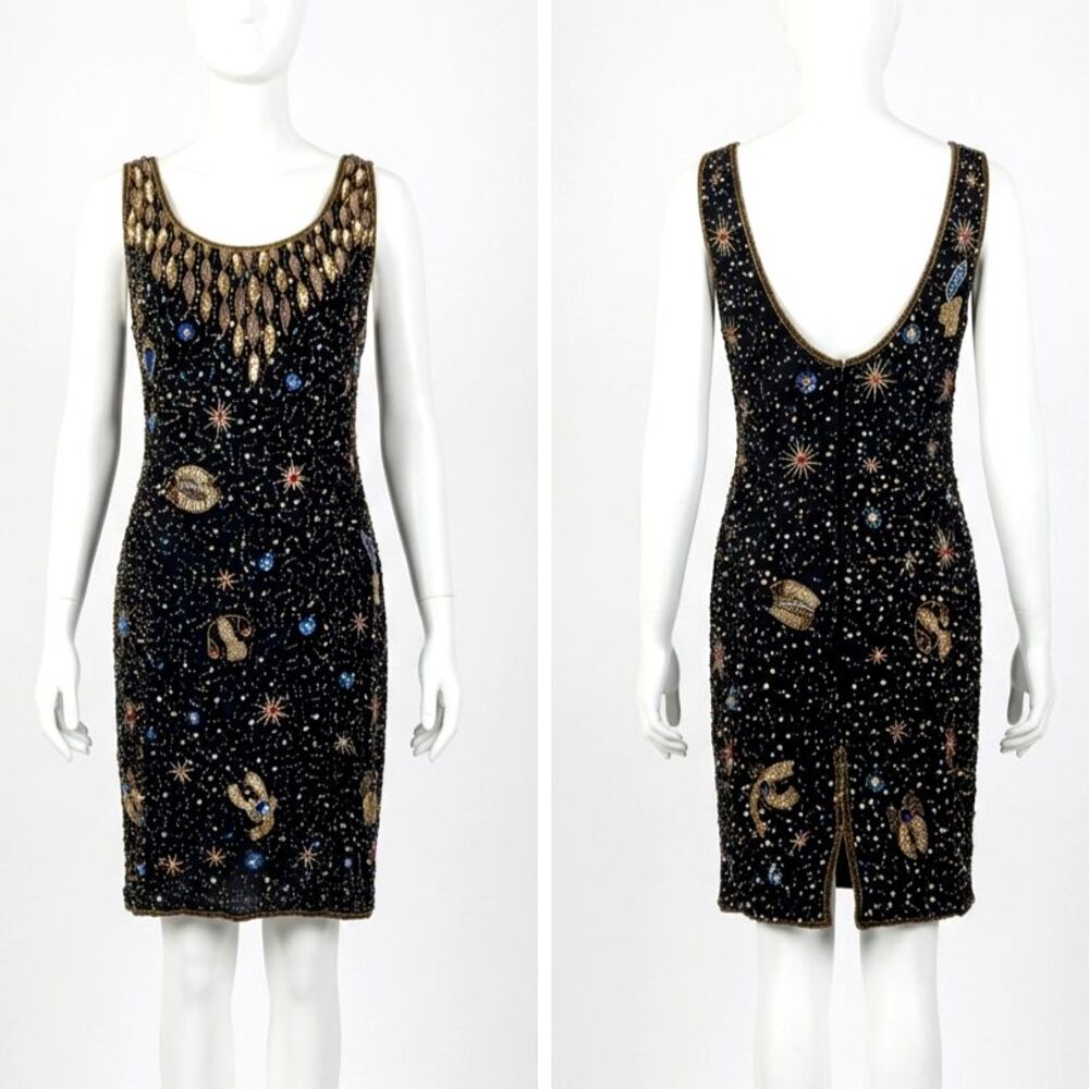 Vintage 90s Together Silk Beaded Celestial Zodiac Dress Black 6 P XS Homecoming